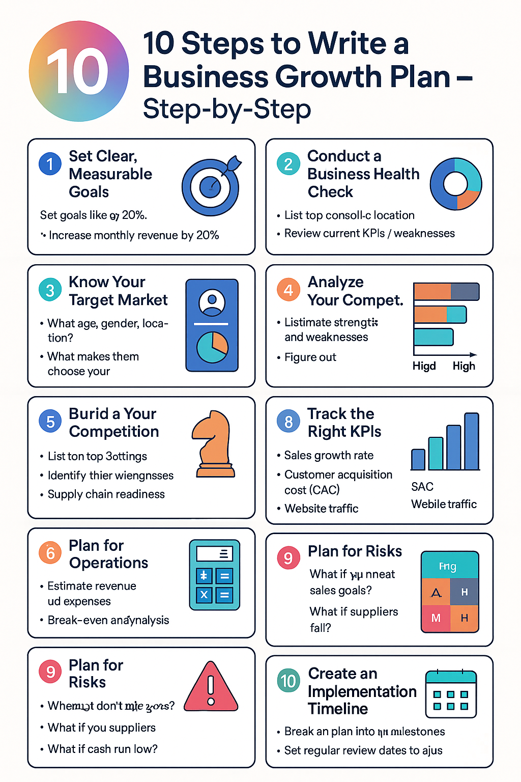 Step-by-step business growth plan infographic with goals, market strategy, and financial forecast tips