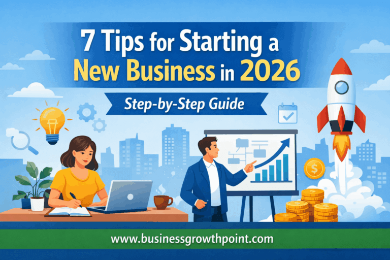 Illustration showing 7 tips for starting a new business in 2026 with planning, growth strategy, and digital tools